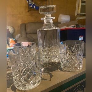 Crystal Decanter Ribbed & 3  Matching Glasses(ITALY) Mid Century VERY NICE